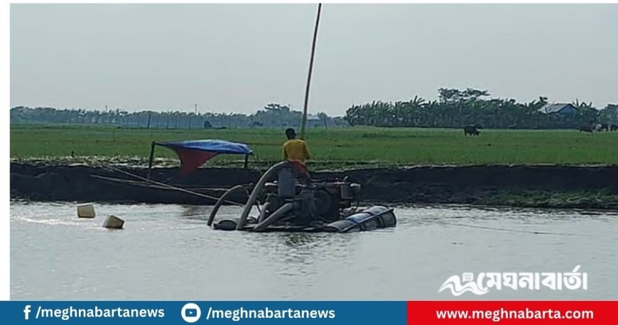 মেঘনা নদীতে ড্রেজার দিয়ে বালু তুলছেন স্থানীয় বিএনপি নেতারা