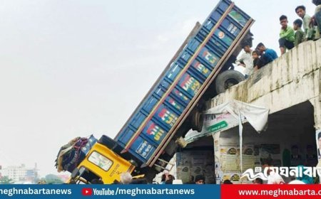 রেলিং ভেঙে ঝুলে পড়ল ট্রাক