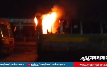 দাঁড়িয়ে থাকা যাত্রীবাহী বাসে আগুন